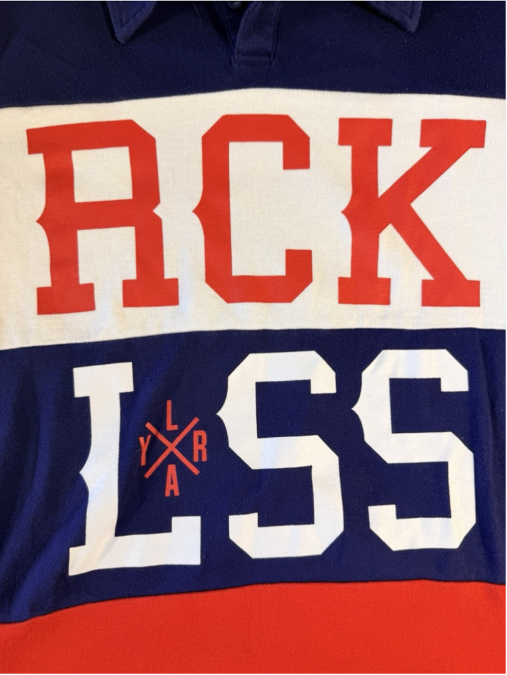Young & Reckless RCKLSS Rugby Shirt Mens Small Blue Red Long Sleeve Polo - Picture 3 of 8